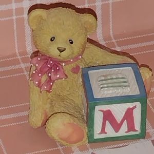 Vintage Cherished Teddies Bear Holding Block with Letter M - Enesco Statue
